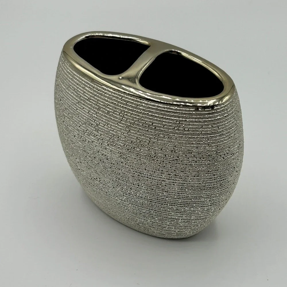 Modern Ribbed Metallic Gold Ceramic Toothbrush Holder 2-Slot Oval Bathroom Decor